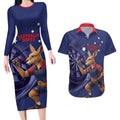 Australia Kangaroo Mascot Darts Couples Matching Long Sleeve Bodycon Dress and Hawaiian Shirt Blue Edition