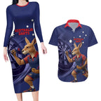 Australia Kangaroo Mascot Darts Couples Matching Long Sleeve Bodycon Dress and Hawaiian Shirt Blue Edition