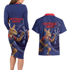 Australia Kangaroo Mascot Darts Couples Matching Long Sleeve Bodycon Dress and Hawaiian Shirt Blue Edition