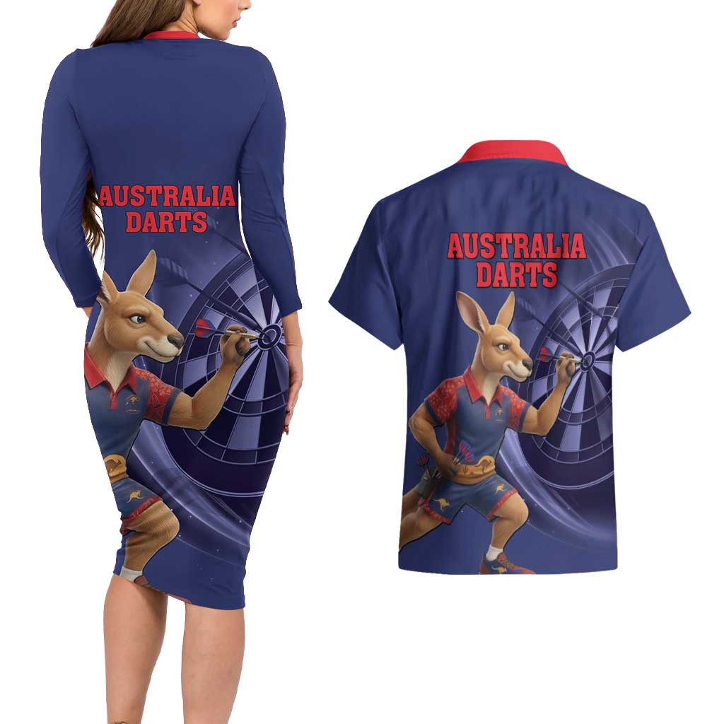 Australia Kangaroo Mascot Darts Couples Matching Long Sleeve Bodycon Dress and Hawaiian Shirt Blue Edition