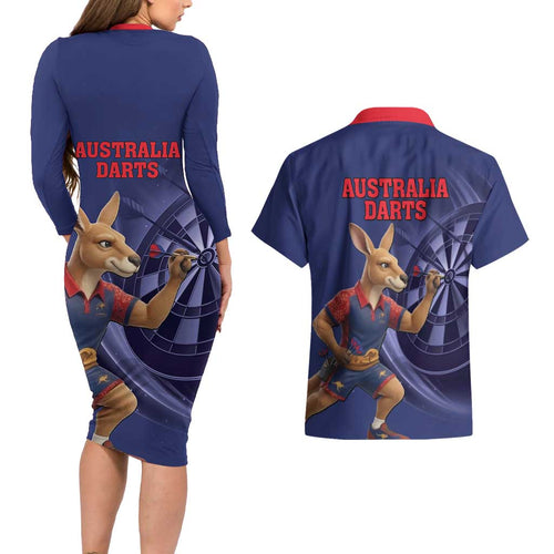 Australia Kangaroo Mascot Darts Couples Matching Long Sleeve Bodycon Dress and Hawaiian Shirt Blue Edition