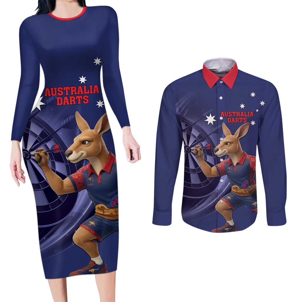 Australia Kangaroo Mascot Darts Couples Matching Long Sleeve Bodycon Dress and Long Sleeve Button Shirt Blue Edition