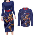 Australia Kangaroo Mascot Darts Couples Matching Long Sleeve Bodycon Dress and Long Sleeve Button Shirt Blue Edition
