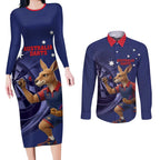 Australia Kangaroo Mascot Darts Couples Matching Long Sleeve Bodycon Dress and Long Sleeve Button Shirt Blue Edition