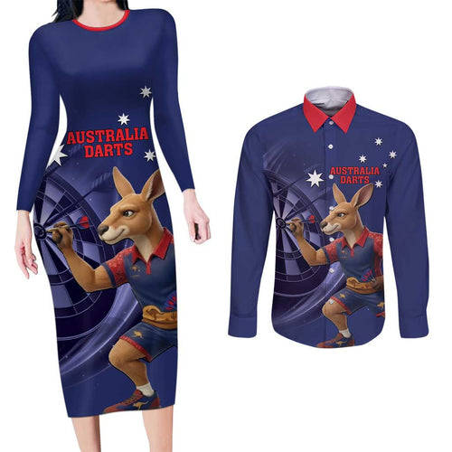 Australia Kangaroo Mascot Darts Couples Matching Long Sleeve Bodycon Dress and Long Sleeve Button Shirt Blue Edition