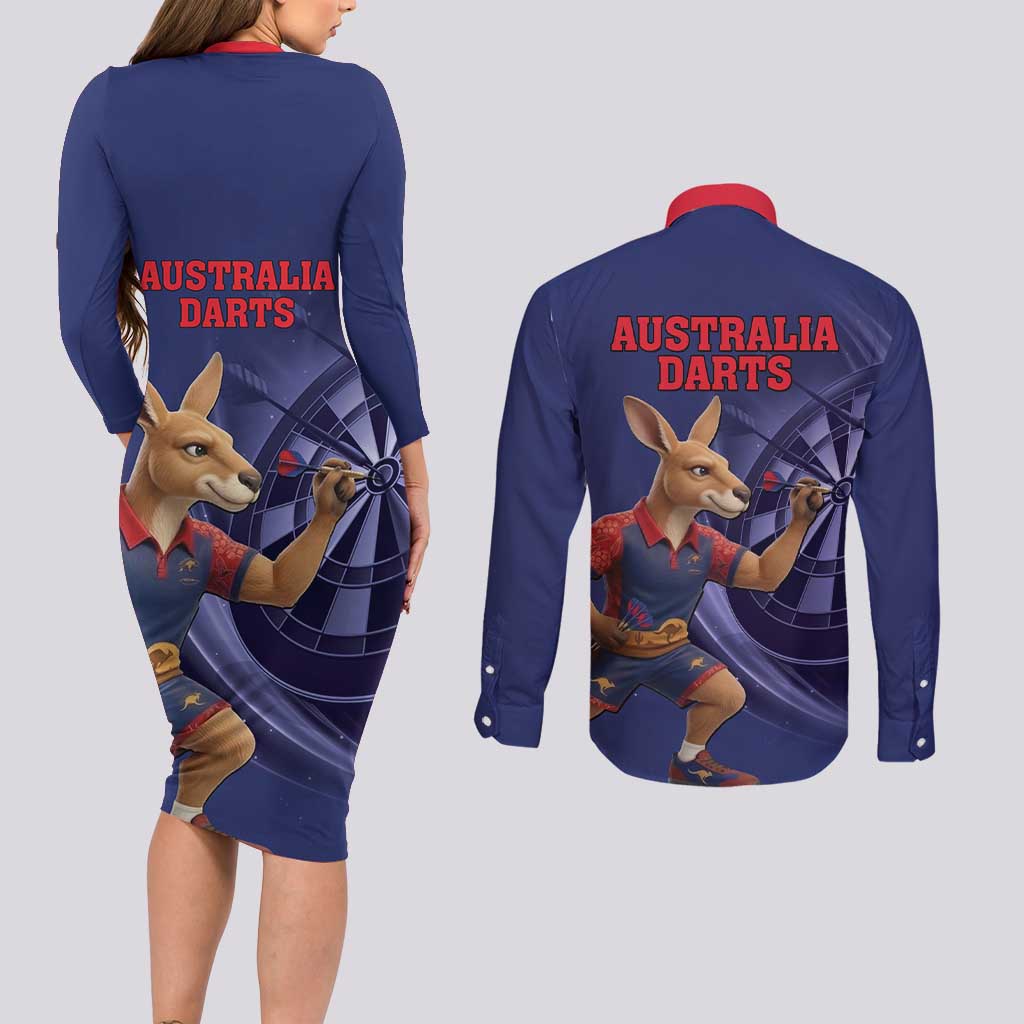 Australia Kangaroo Mascot Darts Couples Matching Long Sleeve Bodycon Dress and Long Sleeve Button Shirt Blue Edition