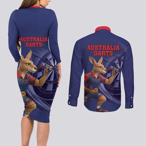 Australia Kangaroo Mascot Darts Couples Matching Long Sleeve Bodycon Dress and Long Sleeve Button Shirt Blue Edition