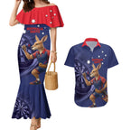 Australia Kangaroo Mascot Darts Couples Matching Mermaid Dress and Hawaiian Shirt Blue Edition