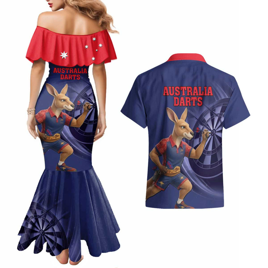 Australia Kangaroo Mascot Darts Couples Matching Mermaid Dress and Hawaiian Shirt Blue Edition