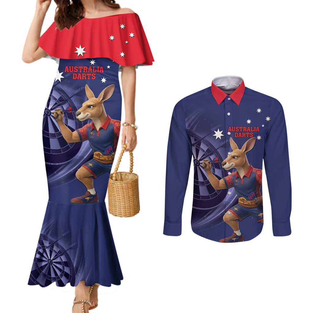 Australia Kangaroo Mascot Darts Couples Matching Mermaid Dress and Long Sleeve Button Shirt Blue Edition