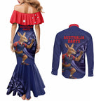 Australia Kangaroo Mascot Darts Couples Matching Mermaid Dress and Long Sleeve Button Shirt Blue Edition
