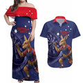 Australia Kangaroo Mascot Darts Couples Matching Off Shoulder Maxi Dress and Hawaiian Shirt Blue Edition