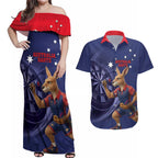 Australia Kangaroo Mascot Darts Couples Matching Off Shoulder Maxi Dress and Hawaiian Shirt Blue Edition