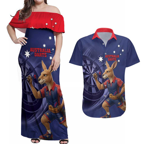 Australia Kangaroo Mascot Darts Couples Matching Off Shoulder Maxi Dress and Hawaiian Shirt Blue Edition
