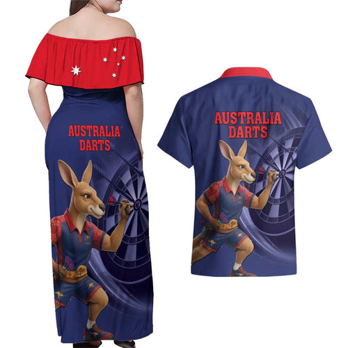 Australia Kangaroo Mascot Darts Couples Matching Off Shoulder Maxi Dress and Hawaiian Shirt Blue Edition