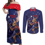 Australia Kangaroo Mascot Darts Couples Matching Off Shoulder Maxi Dress and Long Sleeve Button Shirt Blue Edition