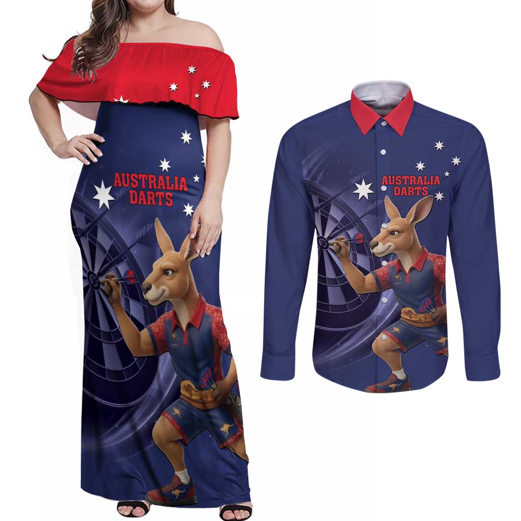 Australia Kangaroo Mascot Darts Couples Matching Off Shoulder Maxi Dress and Long Sleeve Button Shirt Blue Edition