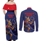 Australia Kangaroo Mascot Darts Couples Matching Off Shoulder Maxi Dress and Long Sleeve Button Shirt Blue Edition