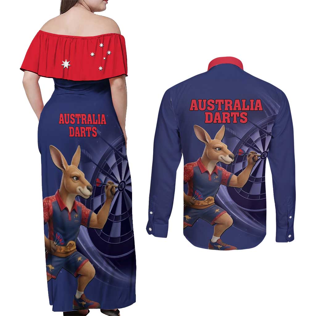Australia Kangaroo Mascot Darts Couples Matching Off Shoulder Maxi Dress and Long Sleeve Button Shirt Blue Edition