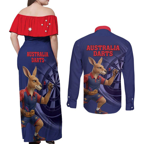 Australia Kangaroo Mascot Darts Couples Matching Off Shoulder Maxi Dress and Long Sleeve Button Shirt Blue Edition