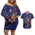 Australia Kangaroo Mascot Darts Couples Matching Off Shoulder Short Dress and Hawaiian Shirt Blue Edition