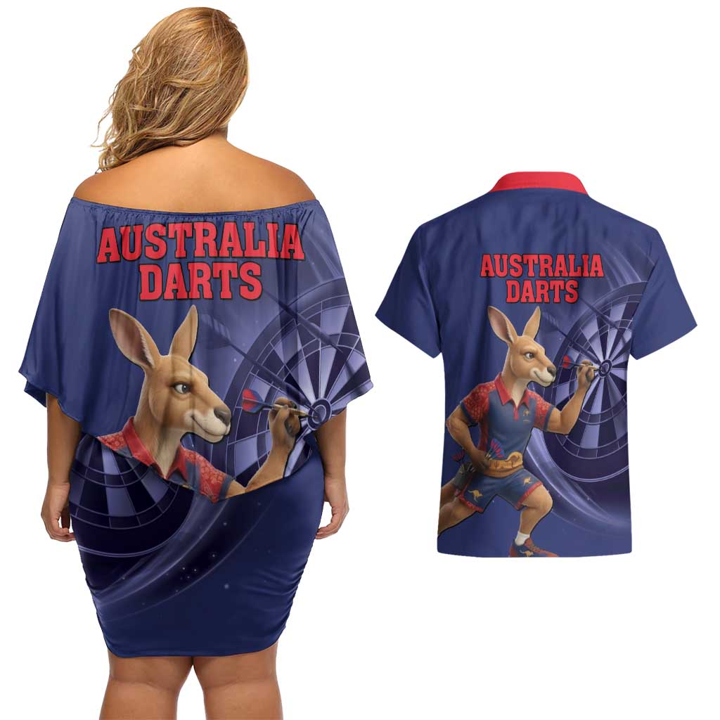 Australia Kangaroo Mascot Darts Couples Matching Off Shoulder Short Dress and Hawaiian Shirt Blue Edition