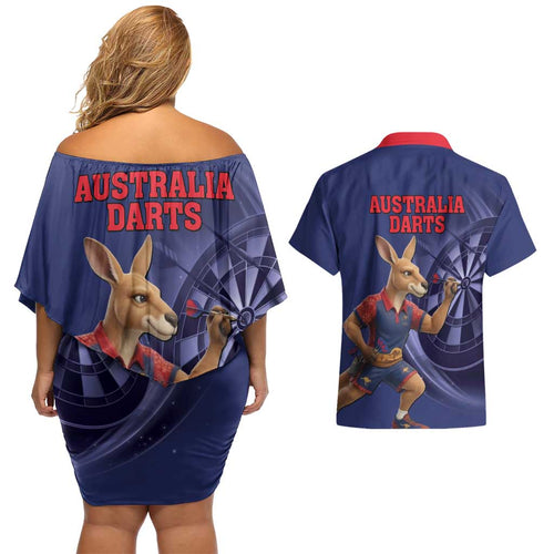 Australia Kangaroo Mascot Darts Couples Matching Off Shoulder Short Dress and Hawaiian Shirt Blue Edition