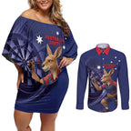 Australia Kangaroo Mascot Darts Couples Matching Off Shoulder Short Dress and Long Sleeve Button Shirt Blue Edition