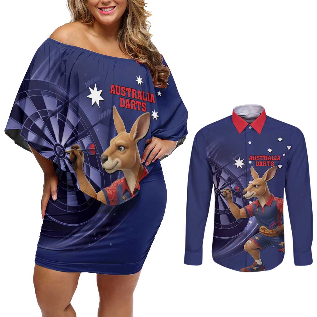 Australia Kangaroo Mascot Darts Couples Matching Off Shoulder Short Dress and Long Sleeve Button Shirt Blue Edition