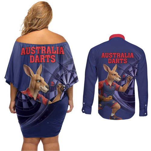 Australia Kangaroo Mascot Darts Couples Matching Off Shoulder Short Dress and Long Sleeve Button Shirt Blue Edition