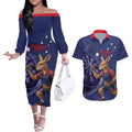 Australia Kangaroo Mascot Darts Couples Matching Off The Shoulder Long Sleeve Dress and Hawaiian Shirt Blue Edition