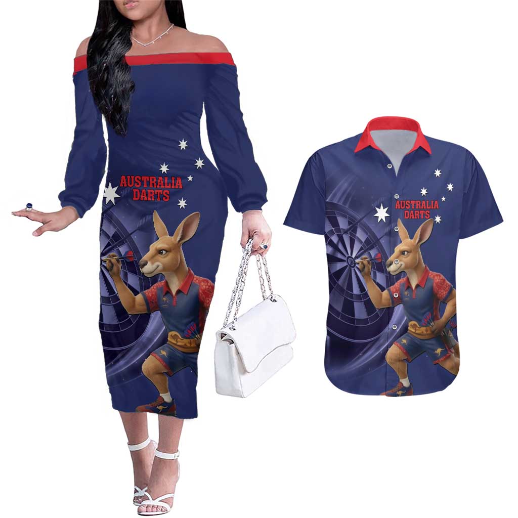 Australia Kangaroo Mascot Darts Couples Matching Off The Shoulder Long Sleeve Dress and Hawaiian Shirt Blue Edition