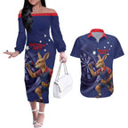 Australia Kangaroo Mascot Darts Couples Matching Off The Shoulder Long Sleeve Dress and Hawaiian Shirt Blue Edition