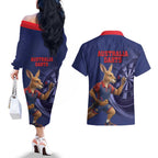 Australia Kangaroo Mascot Darts Couples Matching Off The Shoulder Long Sleeve Dress and Hawaiian Shirt Blue Edition
