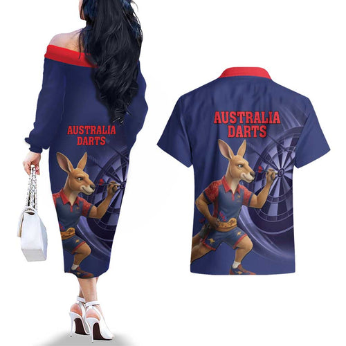 Australia Kangaroo Mascot Darts Couples Matching Off The Shoulder Long Sleeve Dress and Hawaiian Shirt Blue Edition