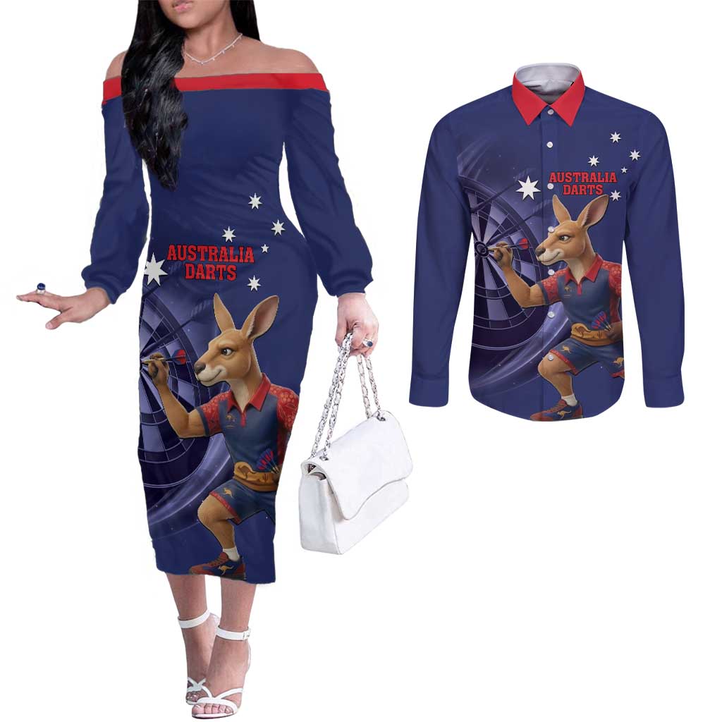Australia Kangaroo Mascot Darts Couples Matching Off The Shoulder Long Sleeve Dress and Long Sleeve Button Shirt Blue Edition