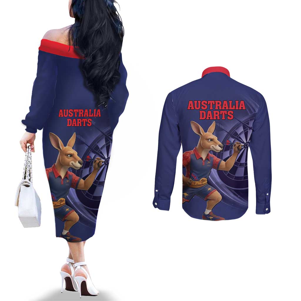 Australia Kangaroo Mascot Darts Couples Matching Off The Shoulder Long Sleeve Dress and Long Sleeve Button Shirt Blue Edition