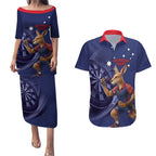 Australia Kangaroo Mascot Darts Couples Matching Puletasi and Hawaiian Shirt Blue Edition