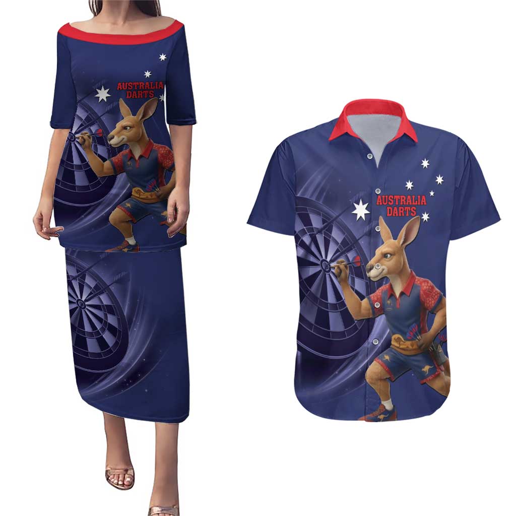 Australia Kangaroo Mascot Darts Couples Matching Puletasi and Hawaiian Shirt Blue Edition