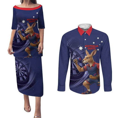 Australia Kangaroo Mascot Darts Couples Matching Puletasi and Long Sleeve Button Shirt Blue Edition