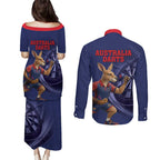 Australia Kangaroo Mascot Darts Couples Matching Puletasi and Long Sleeve Button Shirt Blue Edition