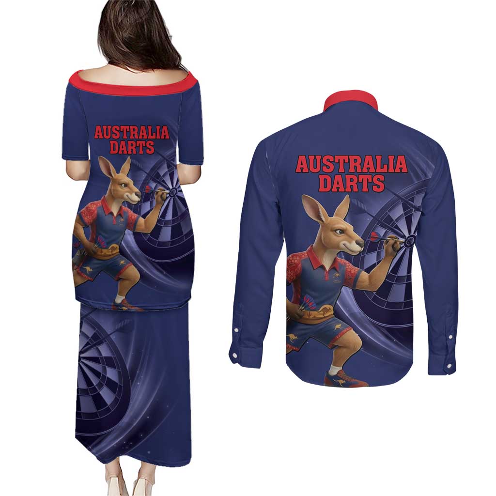 Australia Kangaroo Mascot Darts Couples Matching Puletasi and Long Sleeve Button Shirt Blue Edition