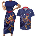 Australia Kangaroo Mascot Darts Couples Matching Short Sleeve Bodycon Dress and Hawaiian Shirt Blue Edition