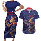Australia Kangaroo Mascot Darts Couples Matching Short Sleeve Bodycon Dress and Hawaiian Shirt Blue Edition
