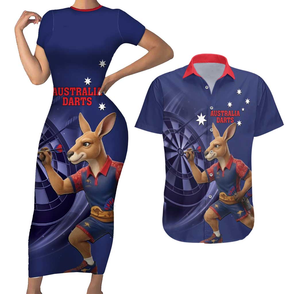 Australia Kangaroo Mascot Darts Couples Matching Short Sleeve Bodycon Dress and Hawaiian Shirt Blue Edition