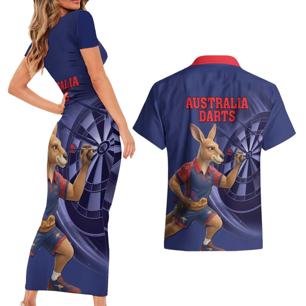 Australia Kangaroo Mascot Darts Couples Matching Short Sleeve Bodycon Dress and Hawaiian Shirt Blue Edition