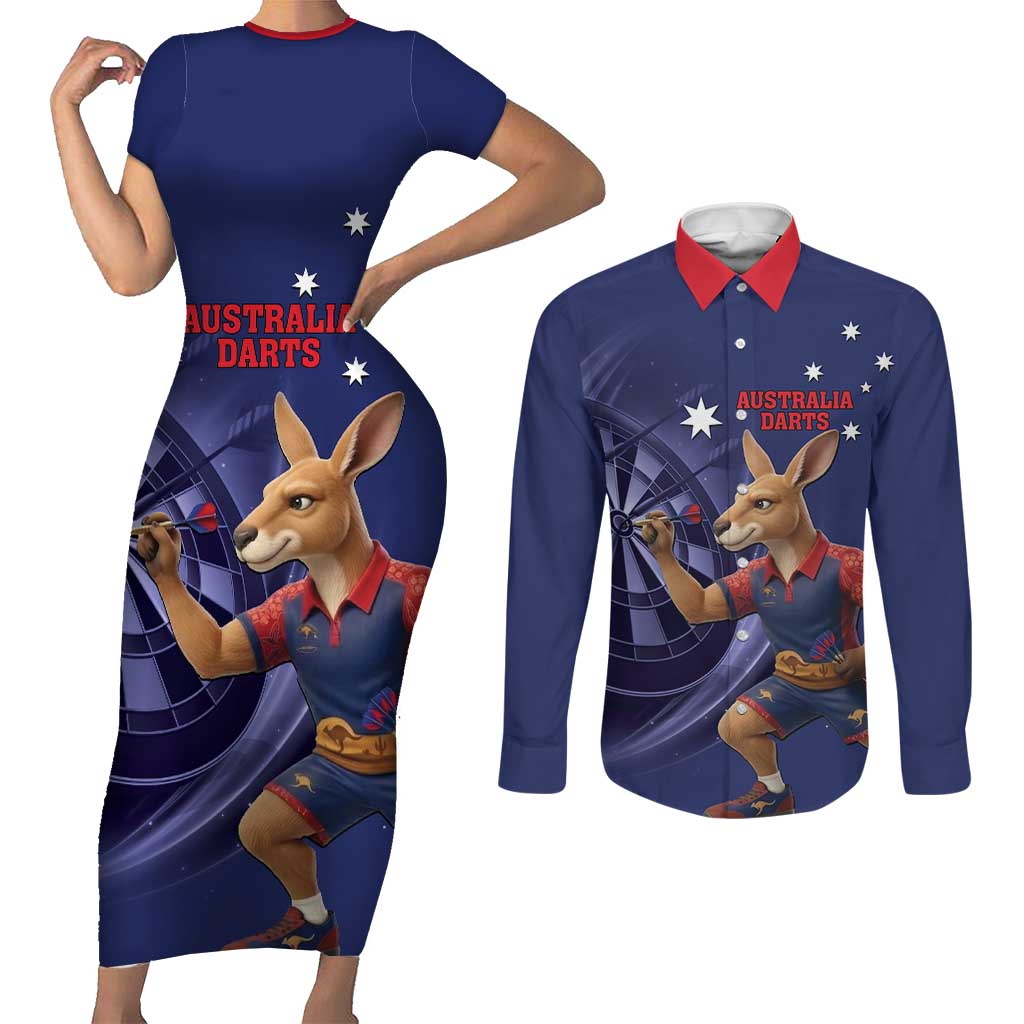 Australia Kangaroo Mascot Darts Couples Matching Short Sleeve Bodycon Dress and Long Sleeve Button Shirt Blue Edition