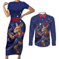 Australia Kangaroo Mascot Darts Couples Matching Short Sleeve Bodycon Dress and Long Sleeve Button Shirt Blue Edition