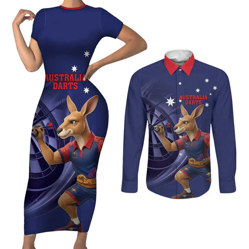 Australia Kangaroo Mascot Darts Couples Matching Short Sleeve Bodycon Dress and Long Sleeve Button Shirt Blue Edition