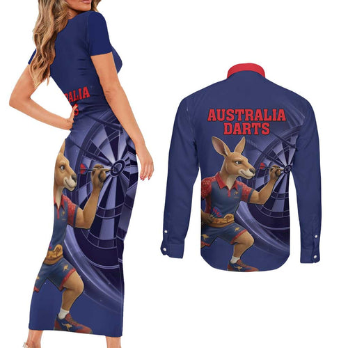 Australia Kangaroo Mascot Darts Couples Matching Short Sleeve Bodycon Dress and Long Sleeve Button Shirt Blue Edition